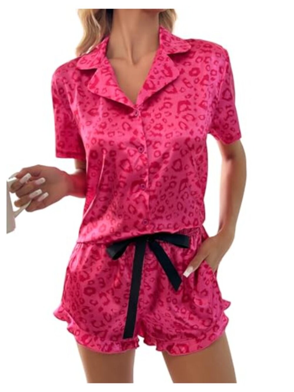 Women's Satin Pajama Set 2-Piece Short Sleeve Button Down Lounge Shorts